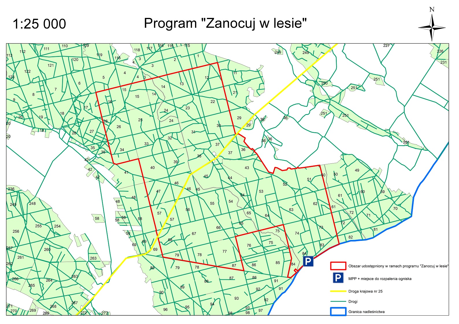 Grafika przedstawia mapę obszaru "Zanocuj w lesie" na terenie Nadleśnictwa Antonin