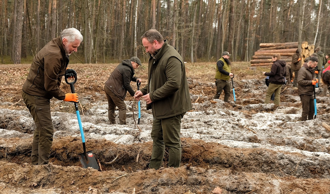 Fotografia przedstawia ludzi sadzących drzewa
